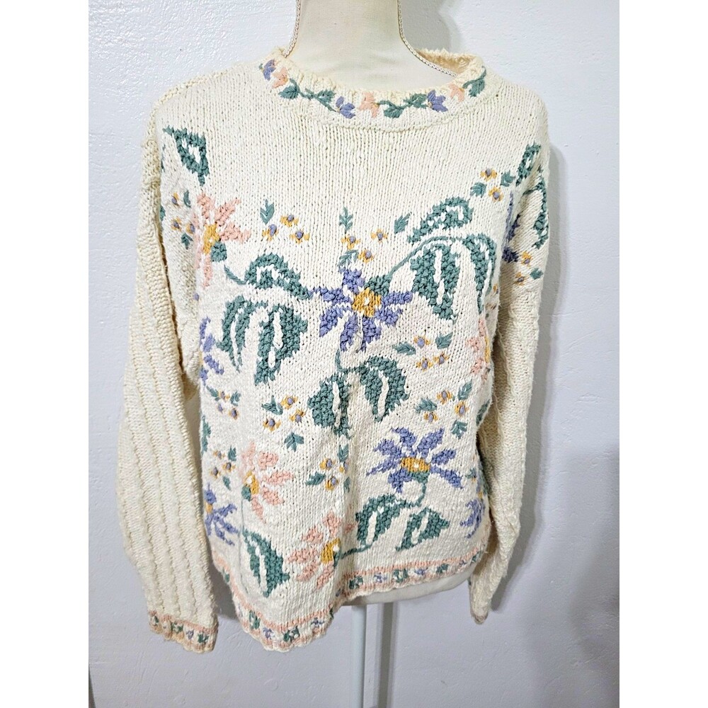 Cottagecore Vintage Knit Pullover Sweater Embroidered Floral Crewneck Chunky